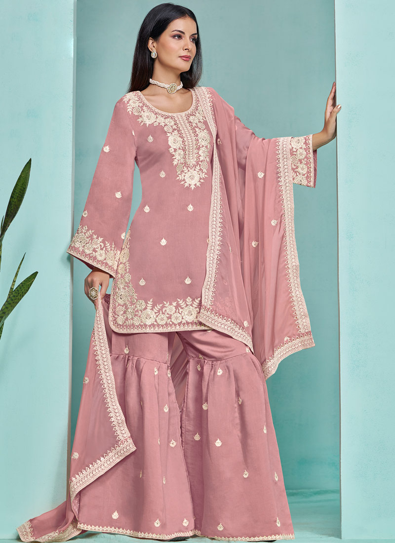 Pink Roman Silk Sequins Festive Wear Sharara Set