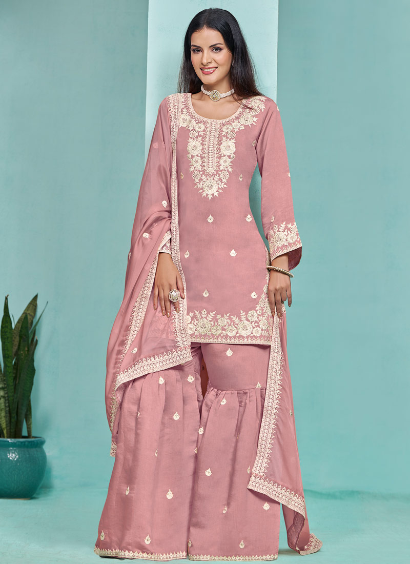 Pink Roman Silk Sequins Festive Wear Sharara Set