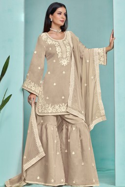 Grey Roman Silk Thread Embroidered Festive Wear Sharara Set
