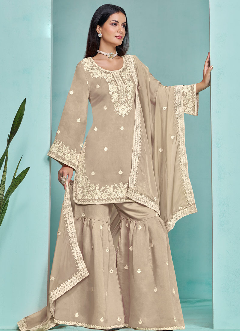 Grey Roman Silk Thread Embroidered Festive Wear Sharara Set