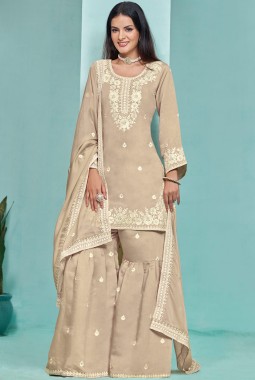 Grey Roman Silk Thread Embroidered Festive Wear Sharara Set