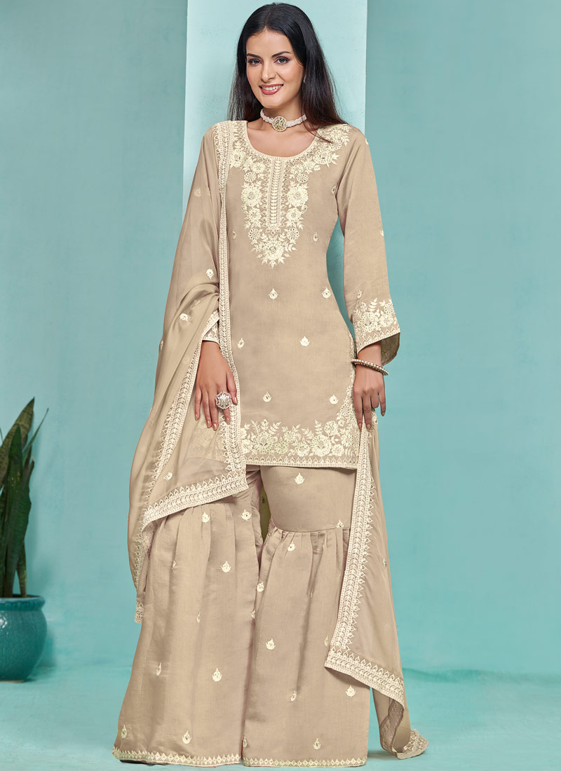 Grey Roman Silk Thread Embroidered Festive Wear Sharara Set