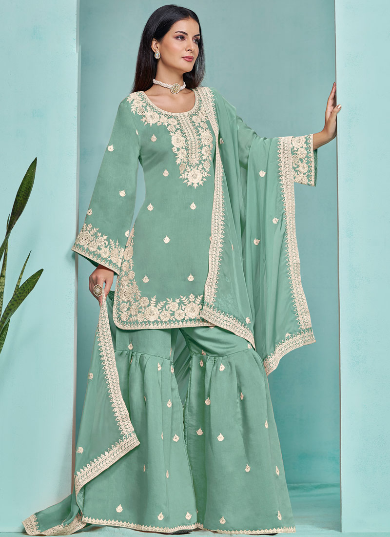 Blue Roman Silk Sequins Festive Wear Sharara Set