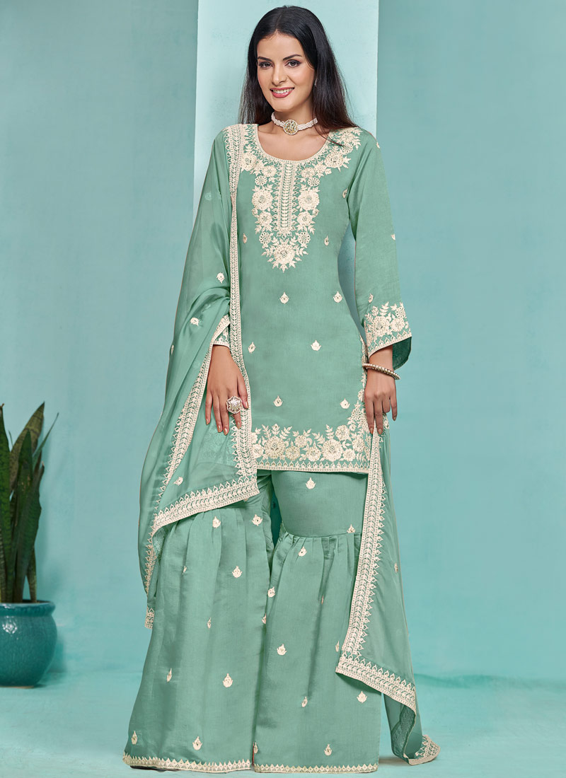 Blue Roman Silk Sequins Festive Wear Sharara Set