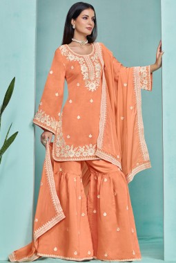 Orange Roman Silk Thread Embroidered Festive Wear Sharara Set