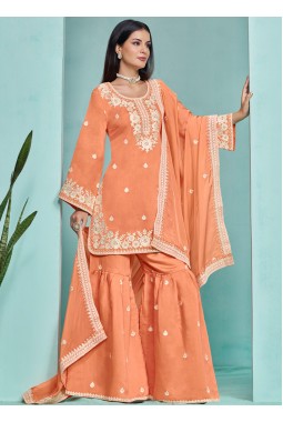 Orange Roman Silk Thread Embroidered Festive Wear Sharara Set