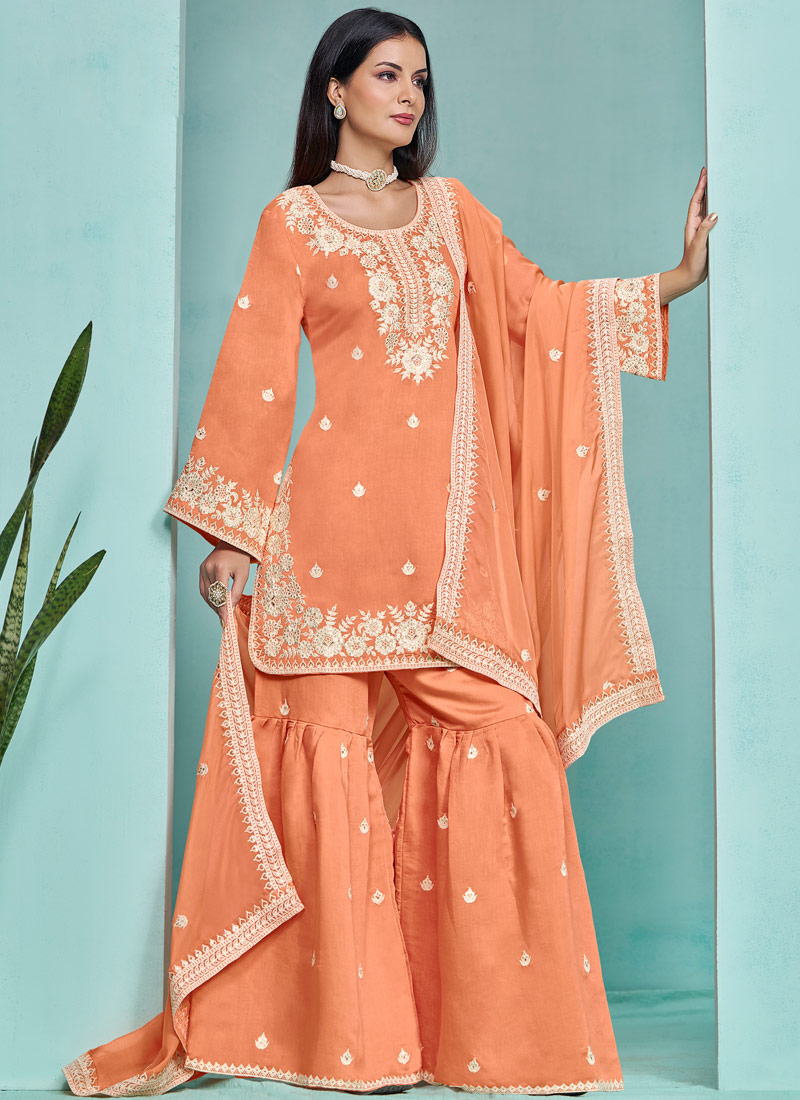 Orange Roman Silk Thread Embroidered Festive Wear Sharara Set