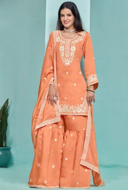 Orange Roman Silk Thread Embroidered Festive Wear Sharara Set
