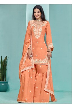 Orange Roman Silk Thread Embroidered Festive Wear Sharara Set