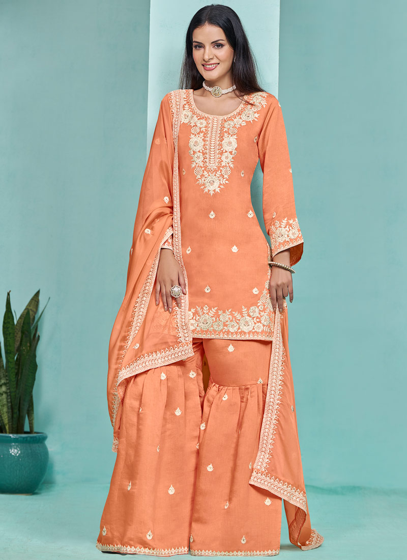 Orange Roman Silk Thread Embroidered Festive Wear Sharara Set