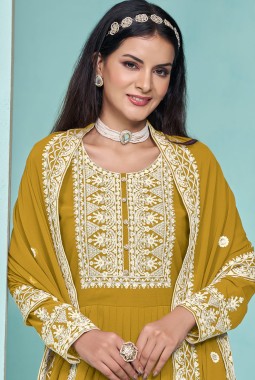 Mustard Faux Georgette Thread Embroidered Salwar Kameez