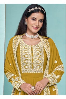 Mustard Faux Georgette Thread Embroidered Salwar Kameez