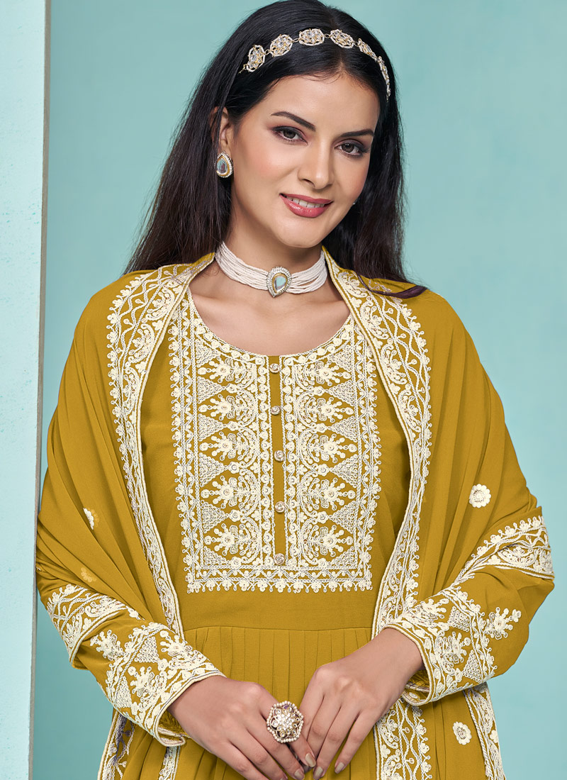 Mustard Faux Georgette Thread Embroidered Salwar Kameez