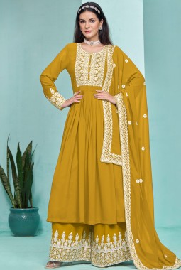 Mustard Faux Georgette Thread Embroidered Salwar Kameez