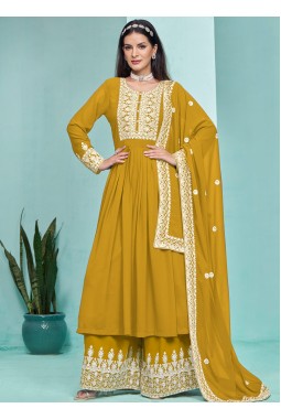 Mustard Faux Georgette Thread Embroidered Salwar Kameez