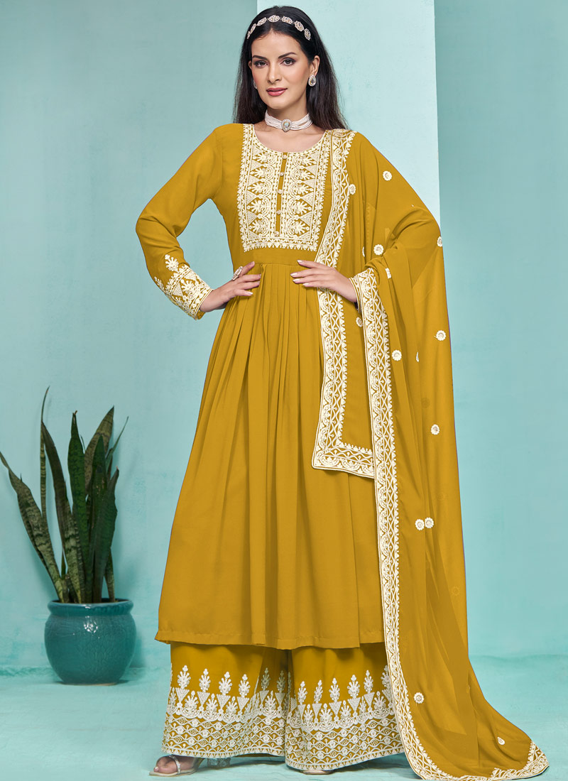 Mustard Faux Georgette Thread Embroidered Salwar Kameez