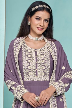 Purple Faux Georgette Sequins Embroidered Salwar Kameez