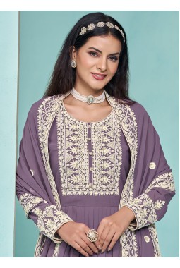 Purple Faux Georgette Sequins Embroidered Salwar Kameez