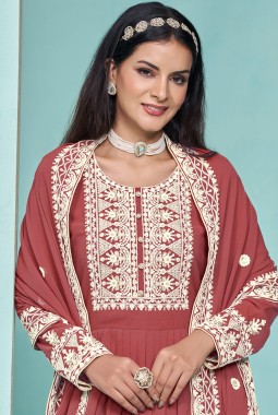Brown Faux Georgette Sequins Embroidered Salwar Kameez