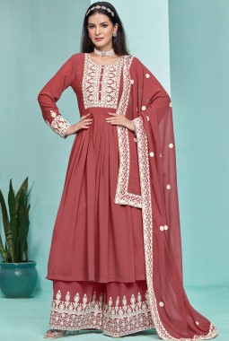 Brown Faux Georgette Sequins Embroidered Salwar Kameez