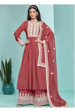 Brown Faux Georgette Sequins Embroidered Salwar Kameez