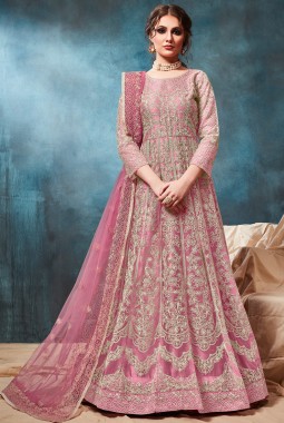 Pink Net Embroidered Wedding Gown Style Salwar Kameez