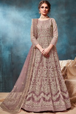 Mauve Net Embroidered Wedding Gown Style Salwar Kameez
