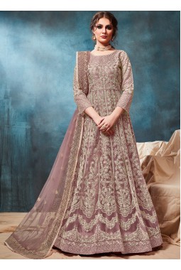 Mauve Net Embroidered Wedding Gown Style Salwar Kameez