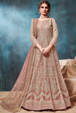 Peach Net Embroidered Wedding Gown Style Salwar Kameez