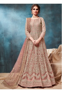 Peach Net Embroidered Wedding Gown Style Salwar Kameez