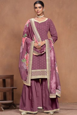 Purple Roman Silk Embroidered Wedding Salwar Kameez