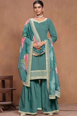 Blue Roman Silk Sequins Wedding Wear Salwar Kameez