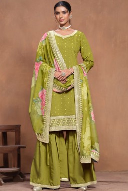 Green Roman Silk Sequins Wedding Salwar Kameez