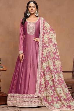 Pink Art Silk Embroidered Wedding Gown
