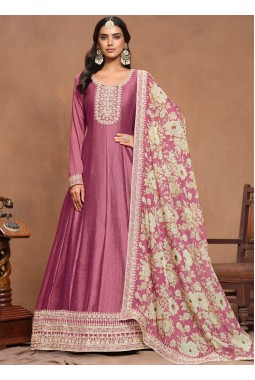 Pink Art Silk Embroidered Wedding Gown