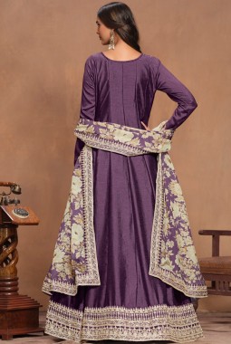 Purple Art Silk Sequins Embroidered Wedding Gown