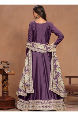 Purple Art Silk Sequins Embroidered Wedding Gown