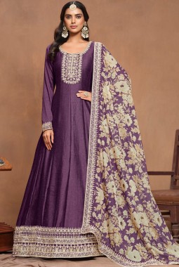 Purple Art Silk Sequins Embroidered Wedding Gown