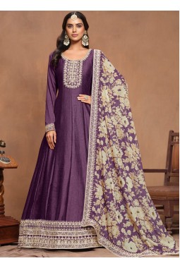 Purple Art Silk Sequins Embroidered Wedding Gown