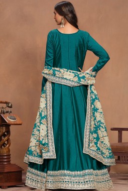 Teal Art Silk Embroidered Wedding Gown