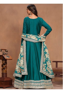 Teal Art Silk Embroidered Wedding Gown
