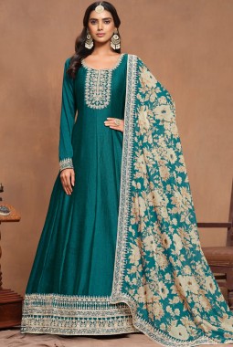 Teal Art Silk Embroidered Wedding Gown