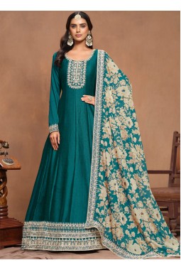 Teal Art Silk Embroidered Wedding Gown