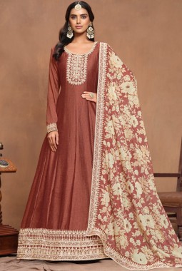 Brown Art Silk Sequins Embroidered Wedding Gown