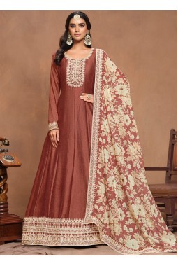 Brown Art Silk Sequins Embroidered Wedding Gown
