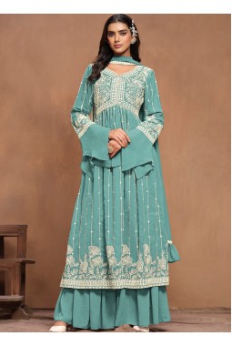 Blue Faux Georgette Sequins Embroidered Sharara Set