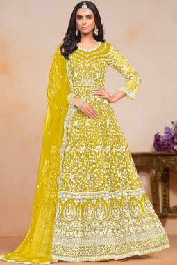 Yellow Net Embroidered Wedding Gown Style Salwar Kameez