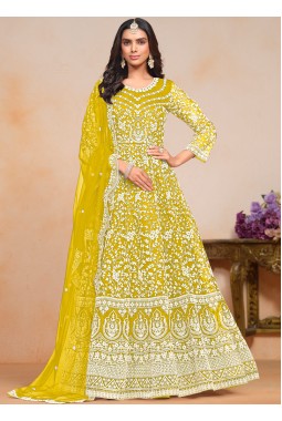 Yellow Net Embroidered Wedding Gown Style Salwar Kameez