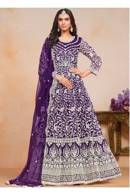 Purple Net Thread Embroidered Wedding Gown Style Salwar Kameez