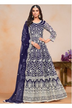 Navy Blue Net Embroidered Wedding Gown Style Salwar Kameez